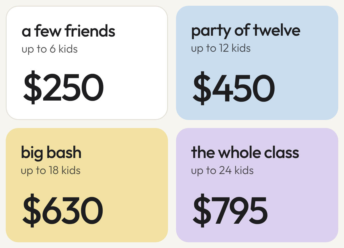 packages: a few friends, up to 6 kids, $250. party of twelve, up to 12 kids, $450. big bash, up to 18 kids, $630. the whole class, up to 24 kids, $795. This lets Google and screen readers read the prices.